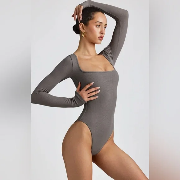 Ribbed Long Sleeve Body Suit in Grey - Picture 3 of 3